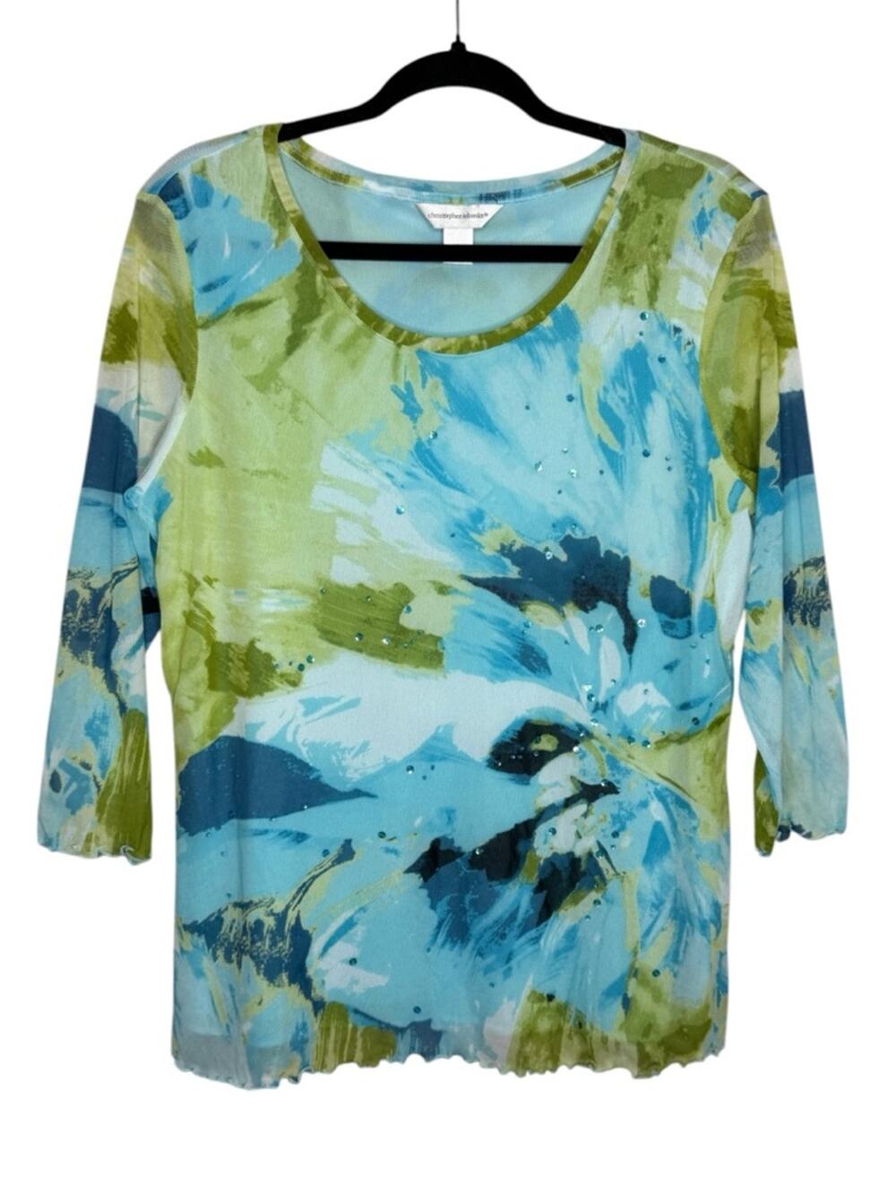 CHRISTOPHER & BANKS / teal blue green watercolor floral y2k blouse top / L